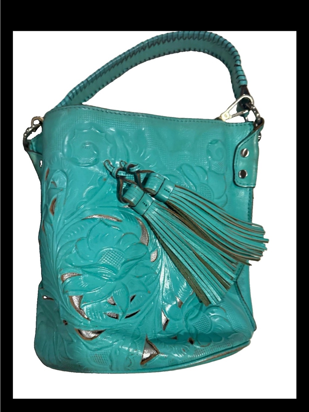 Patricia Nash Turquoise & Silver Floral  Leather Shoulder Bag with Tassel